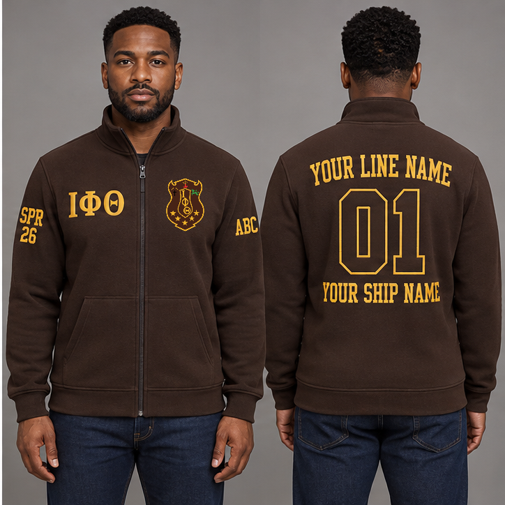 Iota Phi Theta Charcoal Brown and Gilded Gold personalized full-zip sweatshirt on an adult model, original supplied crest and ΙΦΘ letters, sample line name, line number01, ship name, crossing year and chapter initials.