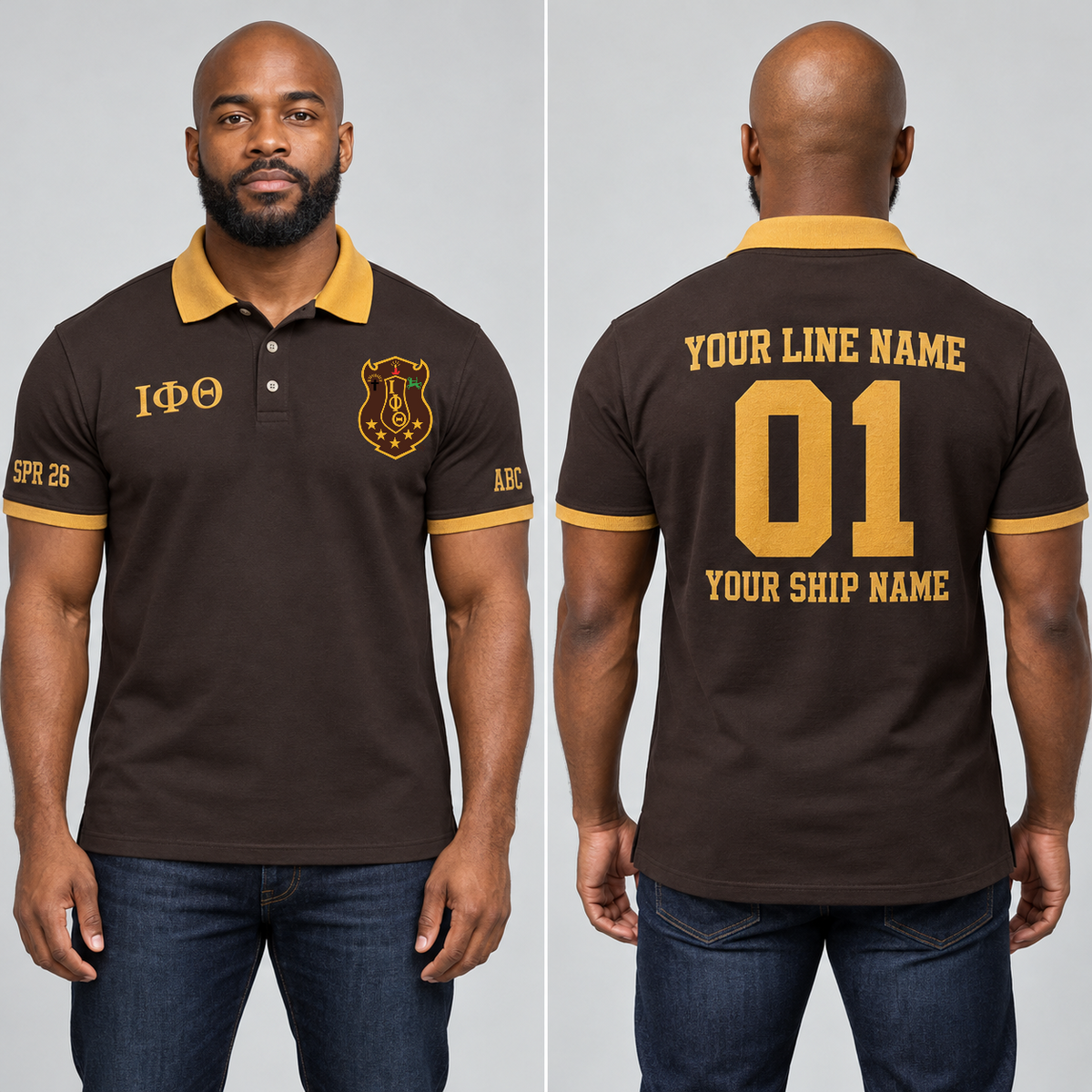 Iota Phi Theta charcoal brown and gilded gold chapter polo on adult model, original shield and ΙΦΘ letters with sample line name, line number 01, ship name and sleeve customization.