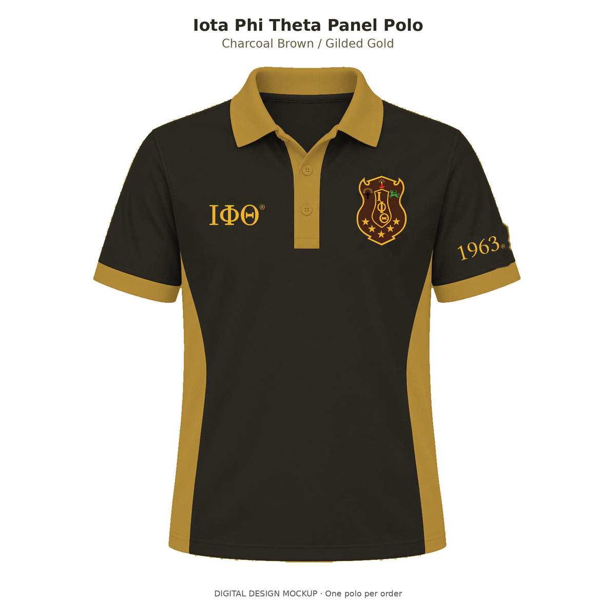 Digital mockup of Iota Phi Theta men's straight-sided charcoal brown panel polo with gilded gold side inserts, collar, placket and sleeve bands; original shield and 1963 left sleeve