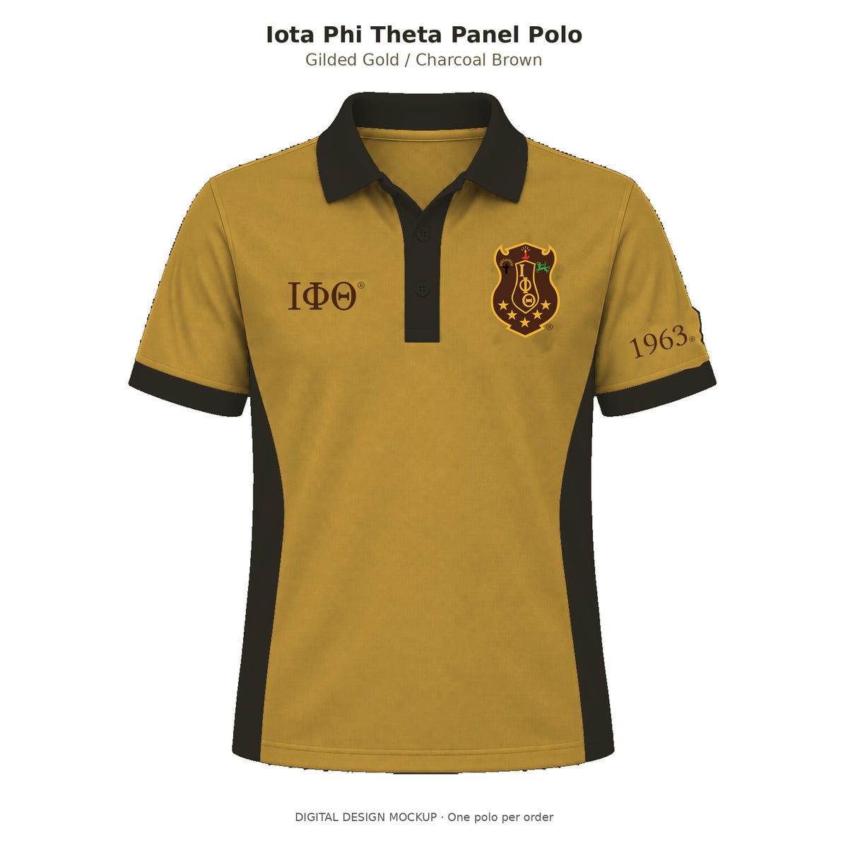 Digital mockup of Iota Phi Theta men's straight-sided gilded gold panel polo with charcoal brown side inserts, collar, placket and sleeve bands; original shield and 1963 left sleeve