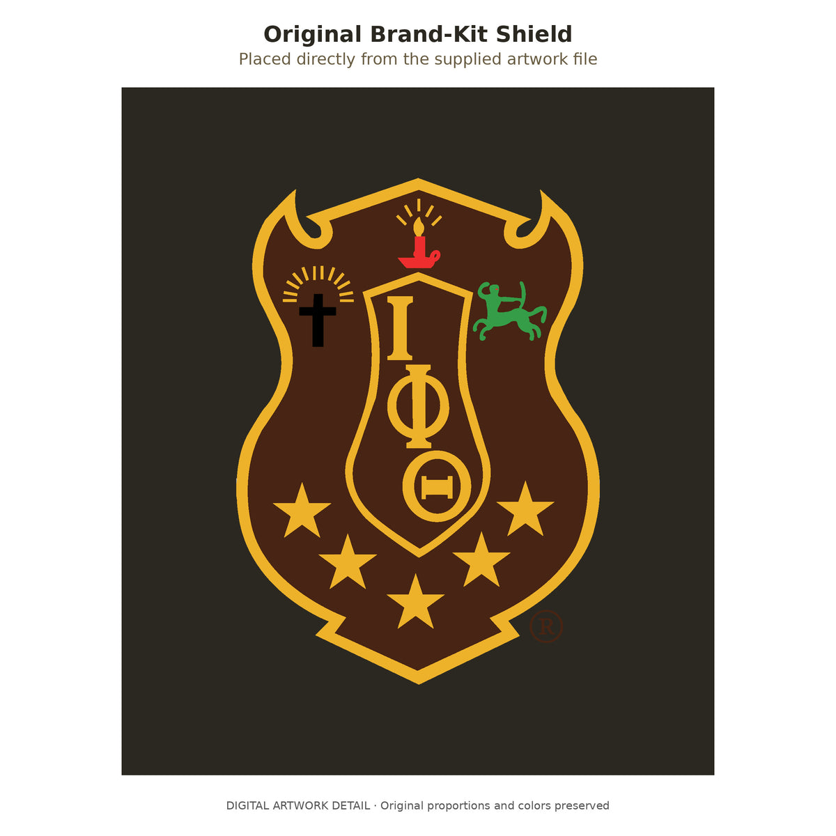 Original Iota Phi Theta no-wax-dripping shield from the supplied brand-kit PNG, placed directly on a charcoal brown background with its original colors, details and proportions intact