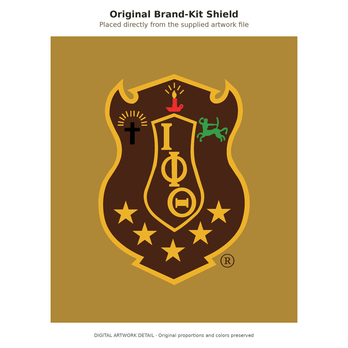 Original Iota Phi Theta brand-kit shield placed directly on a gilded gold background; original red candle, green figure, registered marks and other details are preserved, not recreated by AI