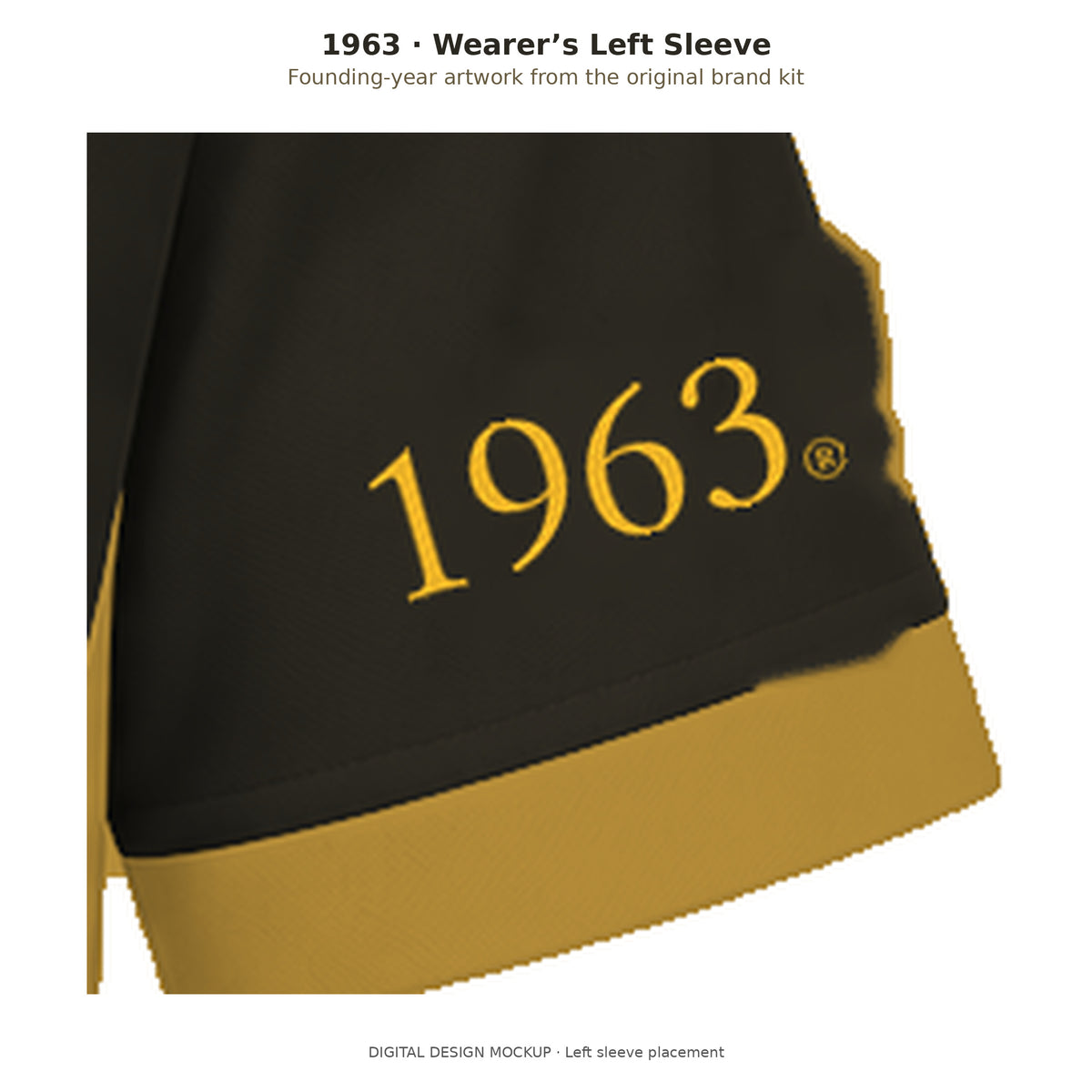 Digital mockup detail of the original gold 1963 founding-year artwork on the wearer's left sleeve of the charcoal brown panel polo