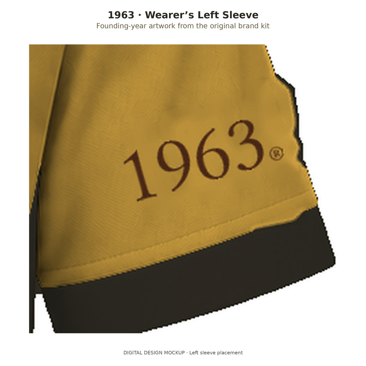 Digital mockup detail of original brown 1963 artwork placed on the wearer's left sleeve of the gilded gold Iota Phi Theta panel polo