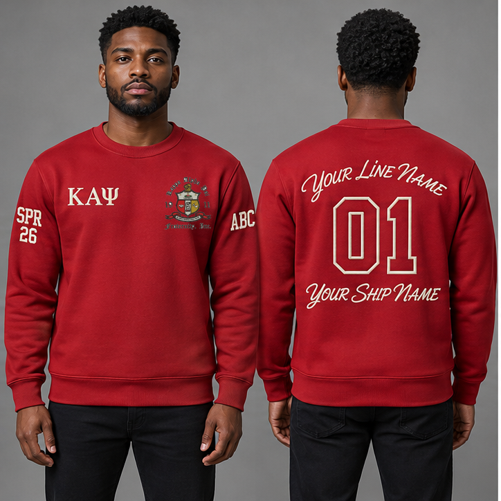 Kappa Alpha Psi Crimson crewneck sweatshirt on an adult model, Cream Greek letters ΚΑΨ, original supplied crest, sample line name, line number 01 and ship name, right sleeve SPR 26 and left sleeve ABC.