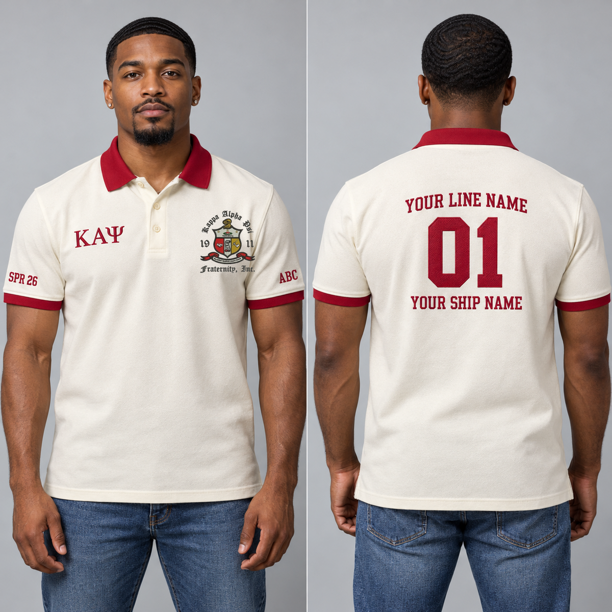 Kappa Alpha Psi Crimson and Cream personalized chapter polo on an adult model, supplied original crest and ΚΑΨ letters, sample line name, 01, ship name and sleeve text.