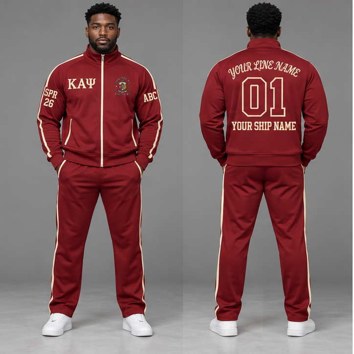 Kappa Alpha Psi Crimson and Cream personalized track suit on an adult model, original supplied crest and ΚΑΨ letters, sample line name, line number 01, ship name, crossing year and chapter initials.
