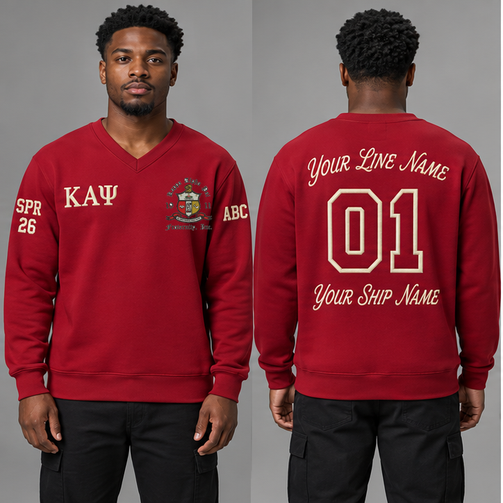 Kappa Alpha Psi Crimson V-neck sweatshirt on an adult model with Cream Greek letters ΚΑΨ, original supplied crest, sample line name, number 01 and ship name, crossing year and chapter initials on sleeves.