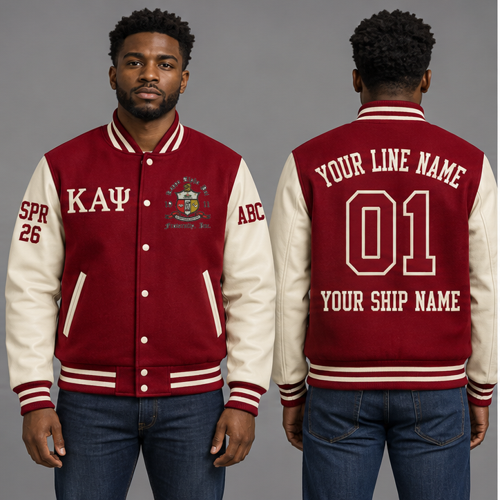 Kappa Alpha Psi Crimson and Cream personalized wool varsity jacket on an adult model, original supplied crest and ΚΑΨ letters, sample line name, line number 01, ship name, crossing year and chapter initials.