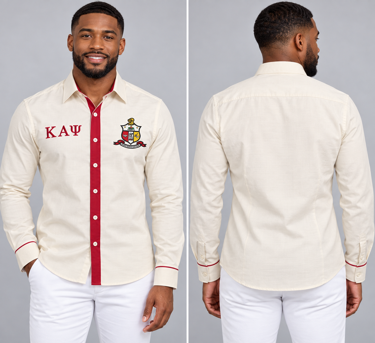 Kappa Alpha Psi cream and crimson fitted embroidered Oxford shirt product, front and back on male model
