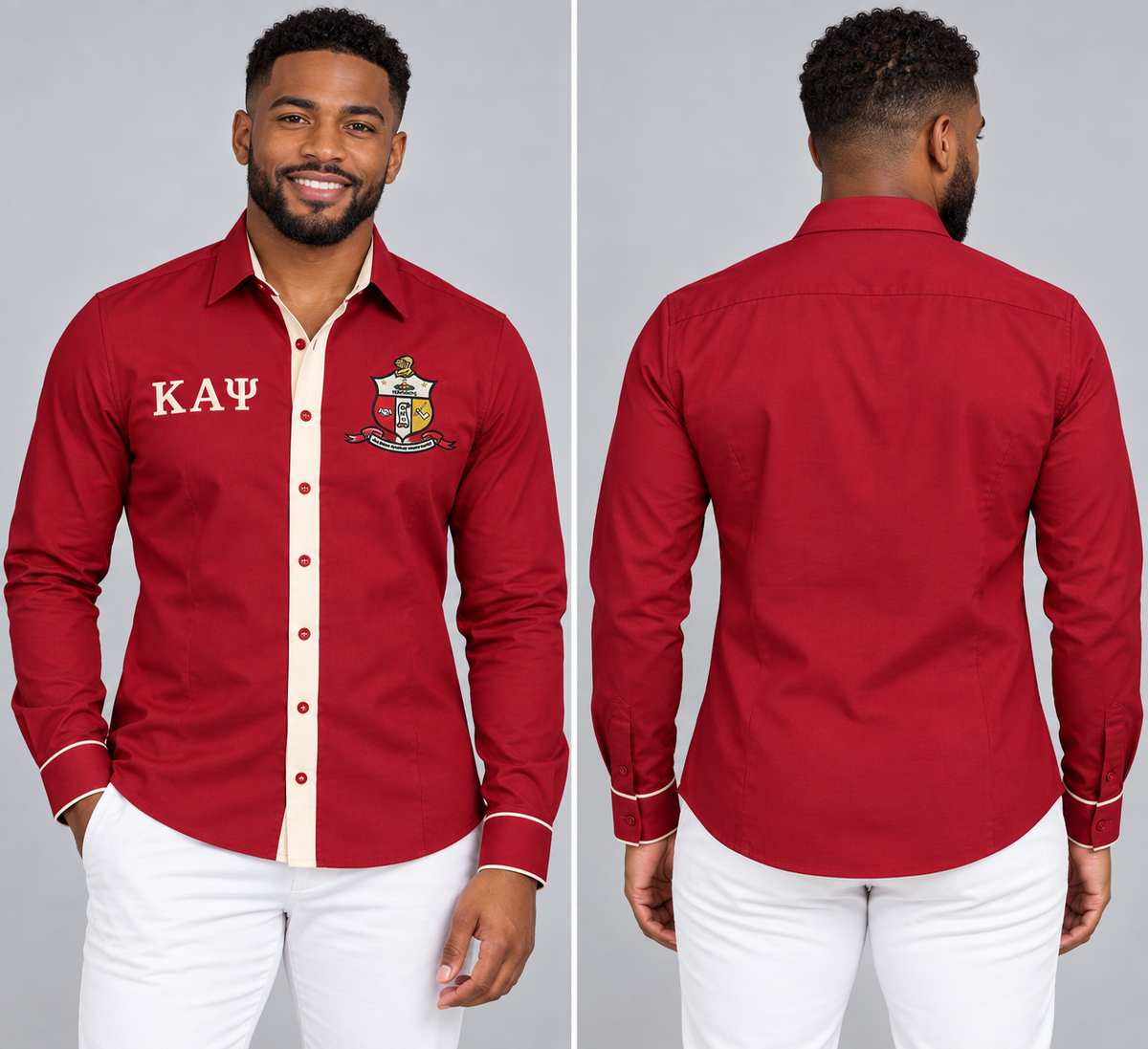 Kappa Alpha Psi crimson and cream fitted embroidered Oxford shirt product, front and back on male model