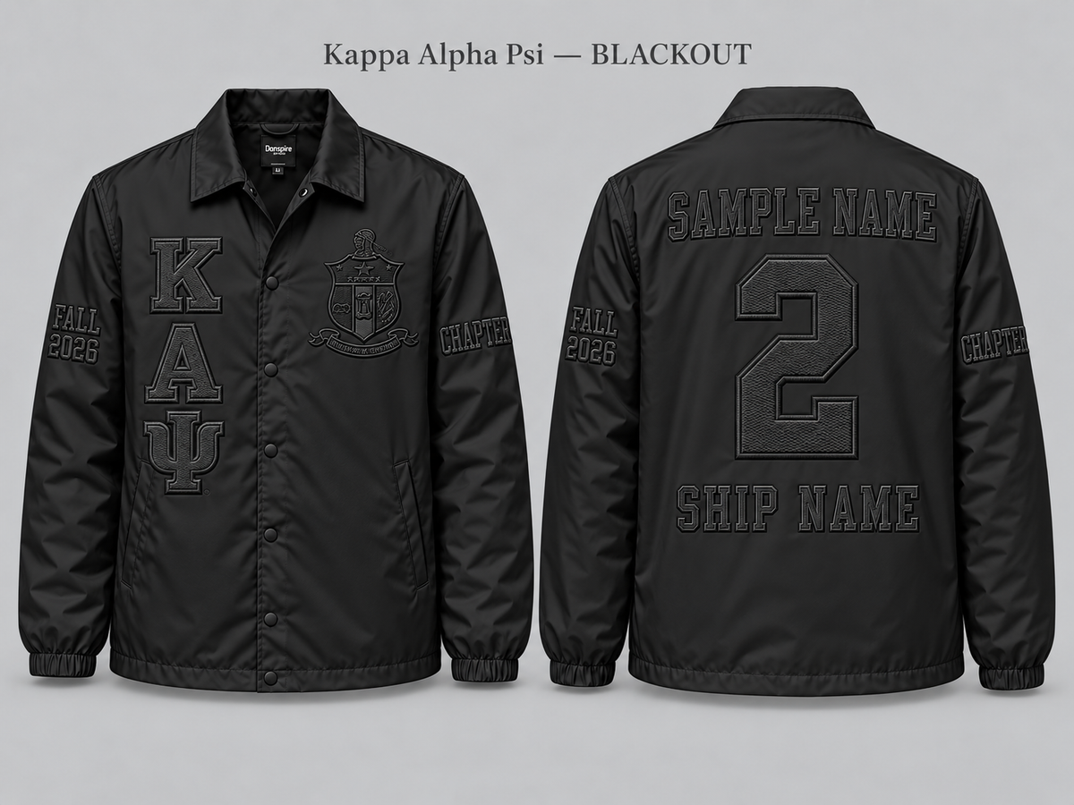 Kappa Alpha Psi Blackout line jacket with sample front back and sleeve embroidery