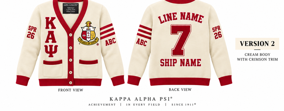 Kappa Alpha Psi custom embroidered cardigan cream body crimson trim sample front and back
