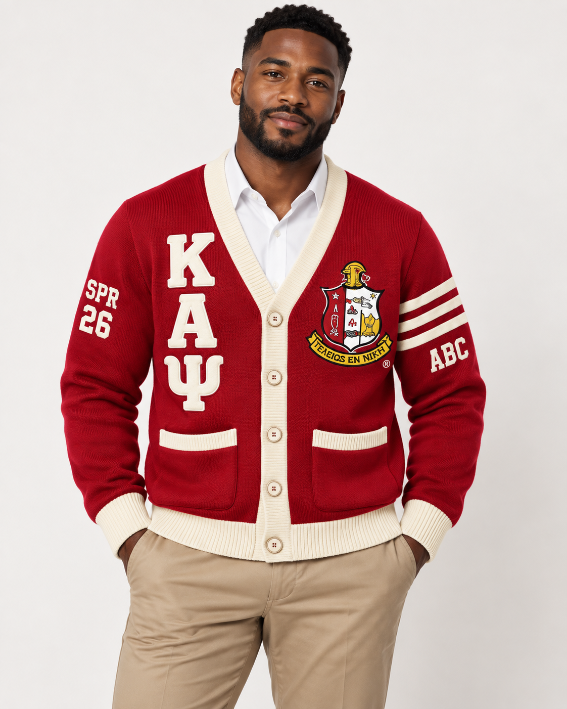 Kappa Alpha Psi custom cardigan in crimson and cream shown on model