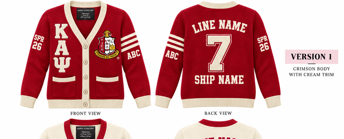 Kappa Alpha Psi custom embroidered cardigan crimson body cream trim sample front and back