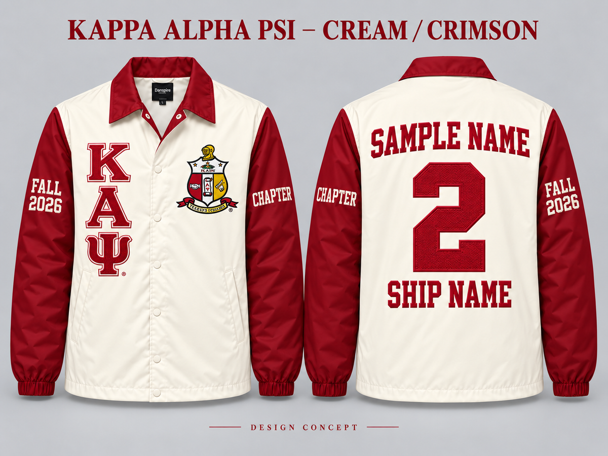 Kappa Alpha Psi Cream body with Crimson collar and sleeves contrast line jacket, front and back sample embroidery