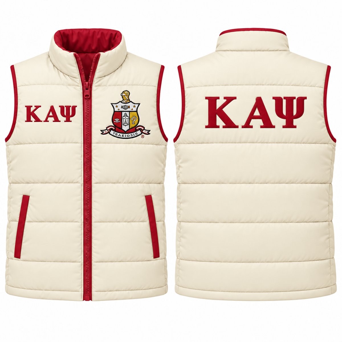 Kappa Alpha Psi cream and crimson custom embroidered puffer vest front and back