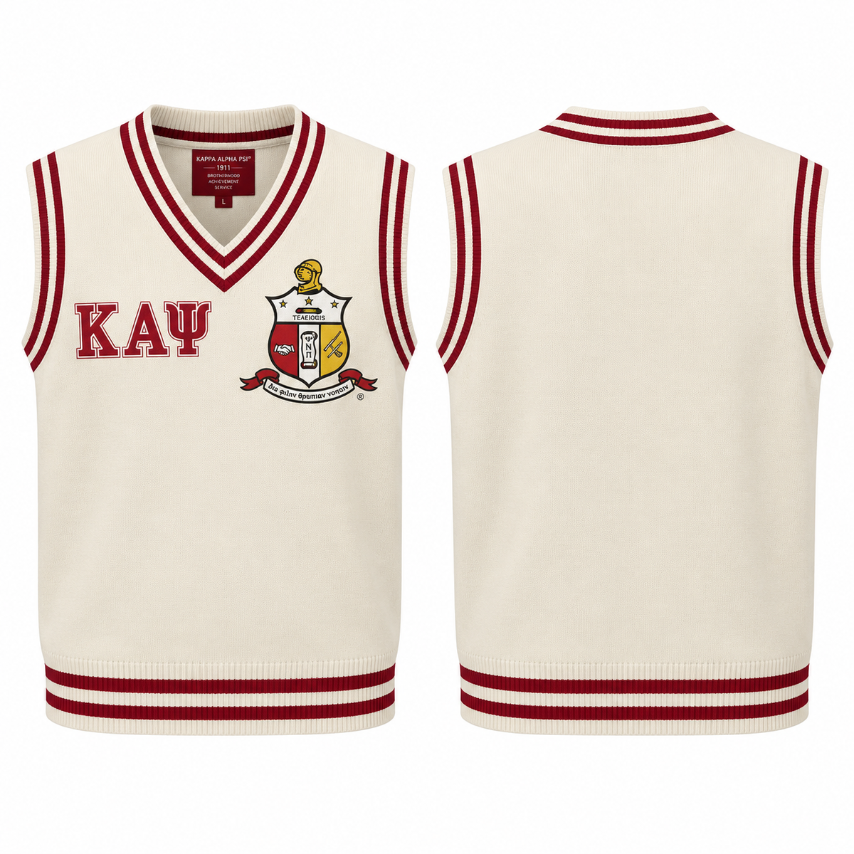 Kappa Alpha Psi cream and crimson varsity sweater vest front and back