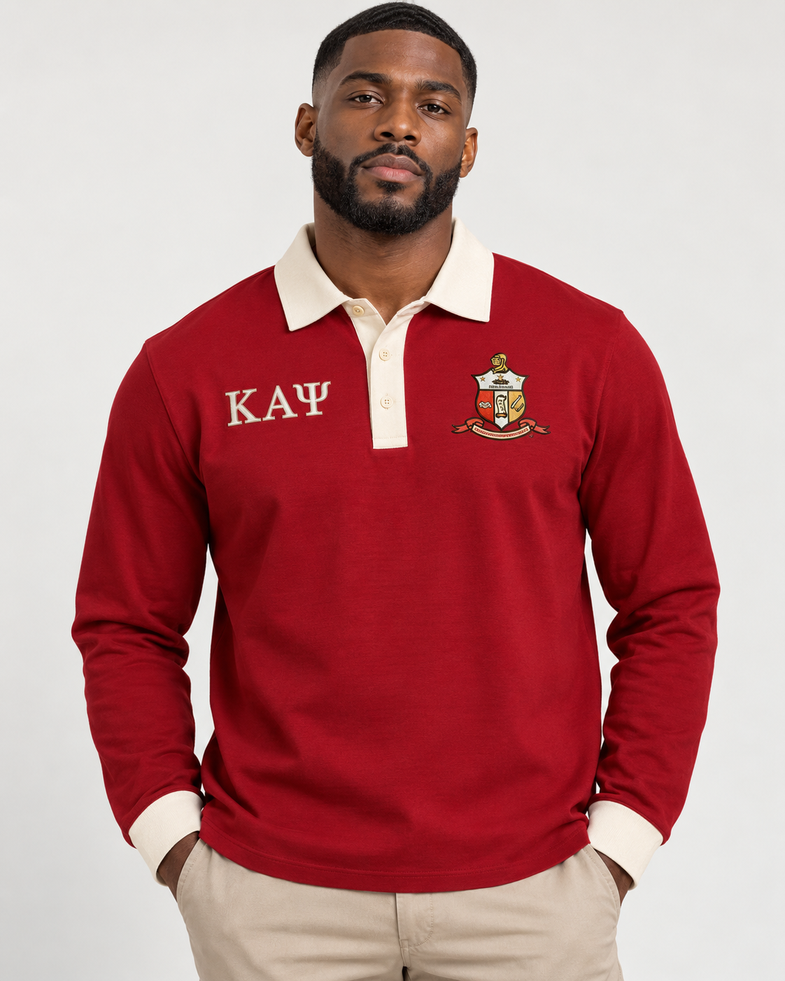 Kappa Alpha Psi crimson body cream collar placket and cuffs long sleeve contrast polo on male model