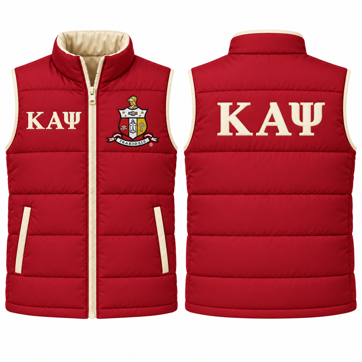 Kappa Alpha Psi crimson and cream custom embroidered puffer vest front and back
