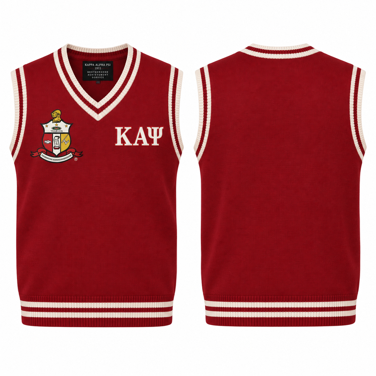 Kappa Alpha Psi crimson and cream varsity sweater vest front and back