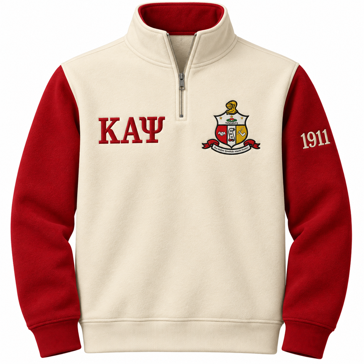 Kappa Alpha Psi Custom Embroidered Quarter-Zip Pullover | Cream & Crimson — front view, embroidered crest, Greek letters and founding year