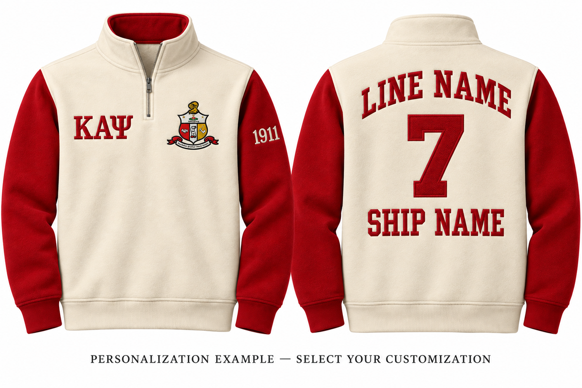 Kappa Alpha Psi cream and crimson quarter-zip front and back personalization example