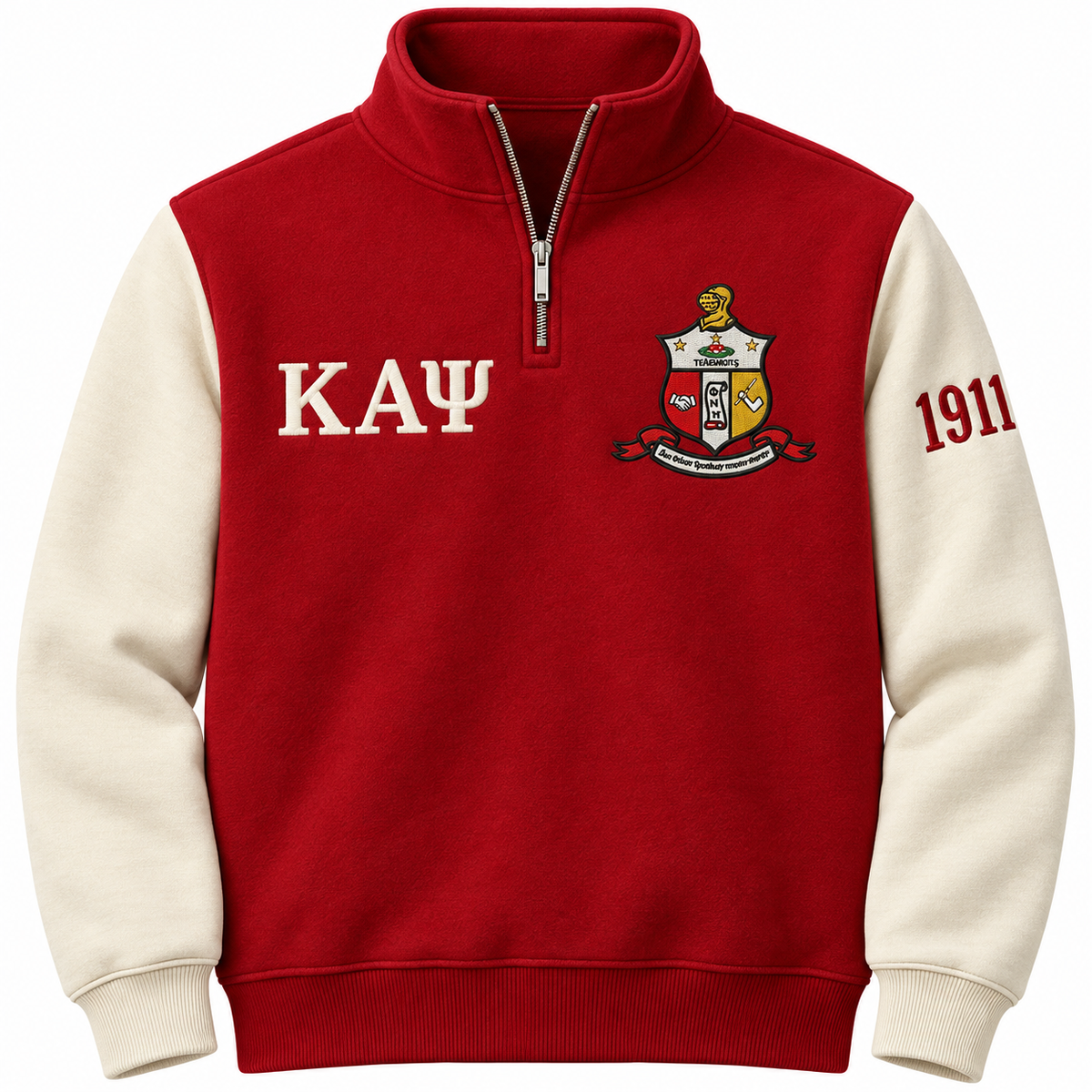 Kappa Alpha Psi Custom Embroidered Quarter-Zip Pullover | Crimson & Cream — front view, embroidered crest, Greek letters and founding year