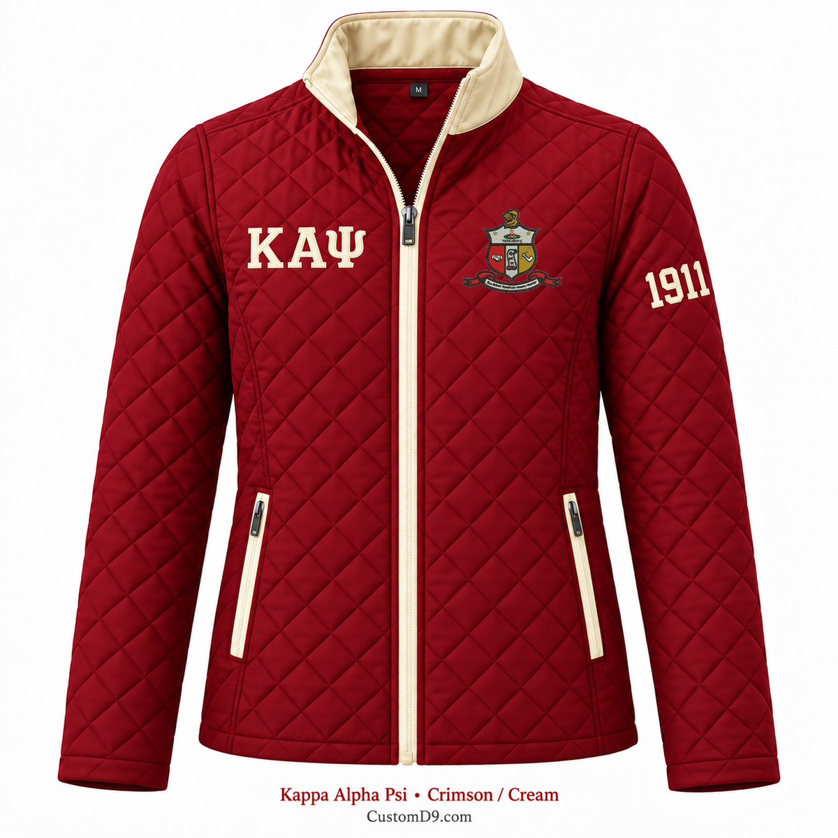 Kappa Alpha Psi crimson and cream quilted jacket with crest, Greek letters, and 1911 sleeve embroidery
