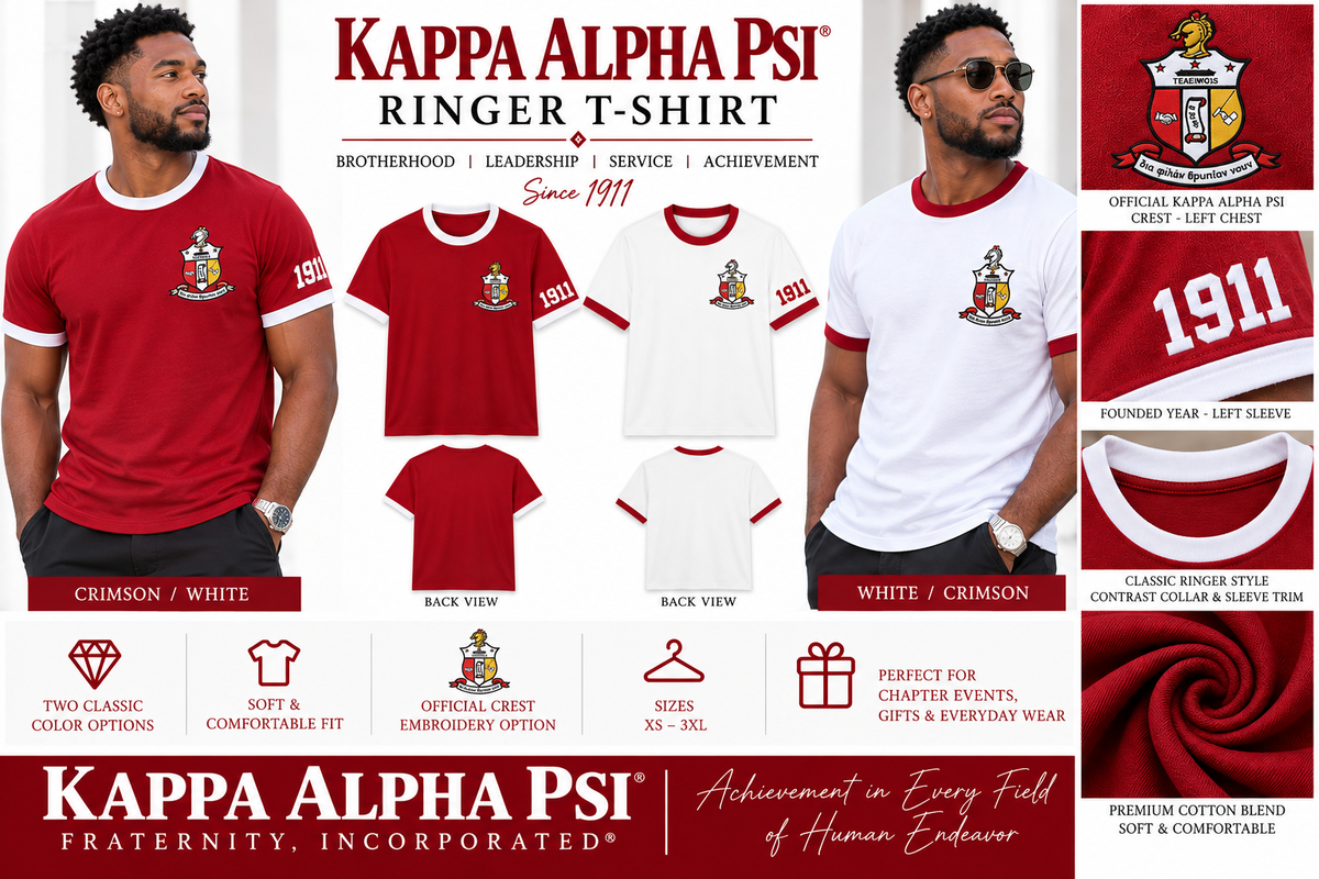 Kappa Alpha Psi custom embroidered ringer T-shirts in crimson and white with crest and 1911 sleeve detail