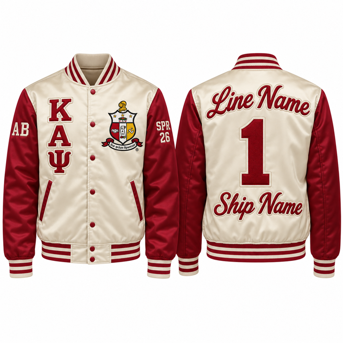 Kappa Alpha Psi custom embroidered satin bomber jacket cream and crimson front and back personalization sample