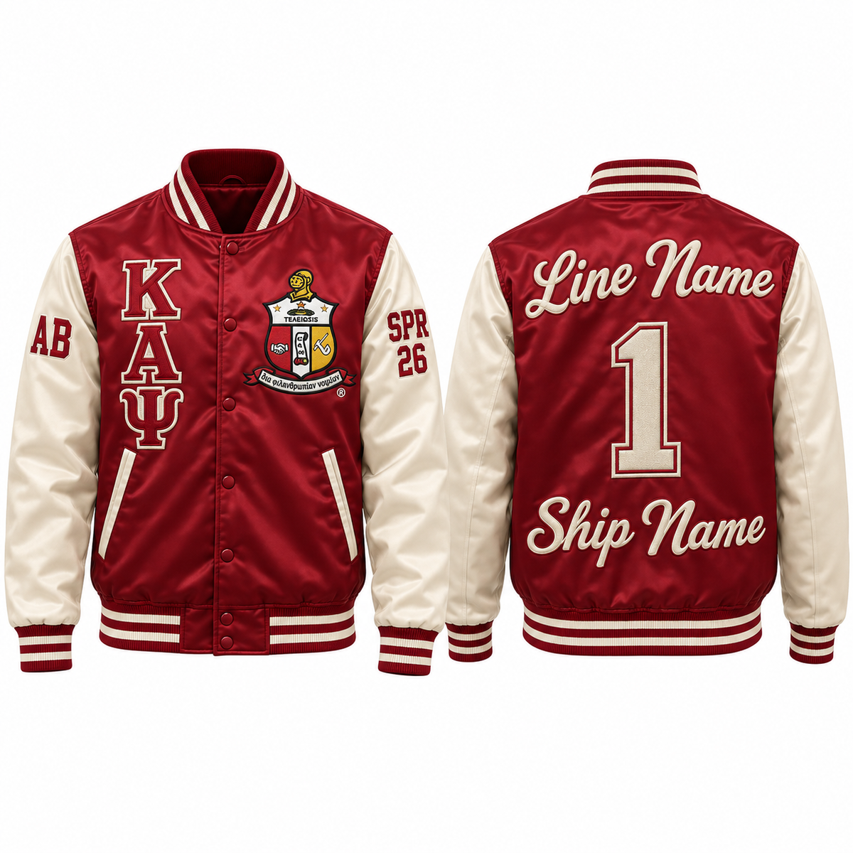 Kappa Alpha Psi custom embroidered satin bomber jacket crimson and cream front and back personalization sample