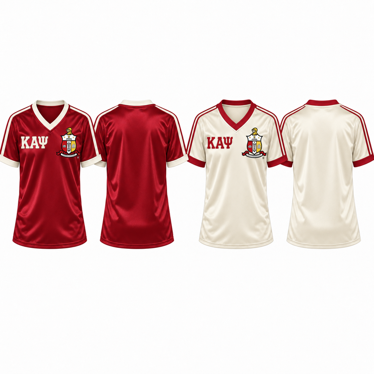 Kappa Alpha Psi crimson and cream satin football jersey colorways front and back