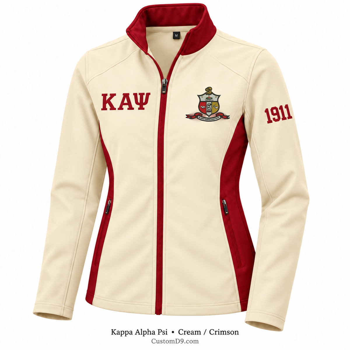 Kappa Alpha Psi Custom Softshell Jacket – Cream / Crimson; original crest artwork, Greek letters and founding year customization example