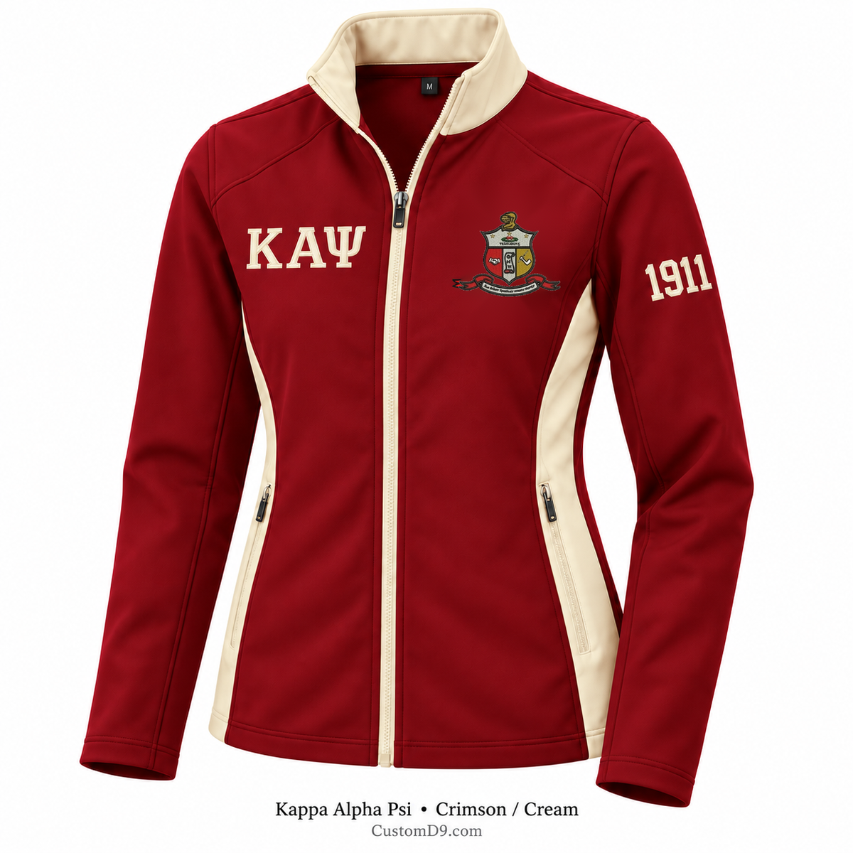 Kappa Alpha Psi Custom Softshell Jacket – Crimson / Cream; original crest artwork, Greek letters and founding year customization example