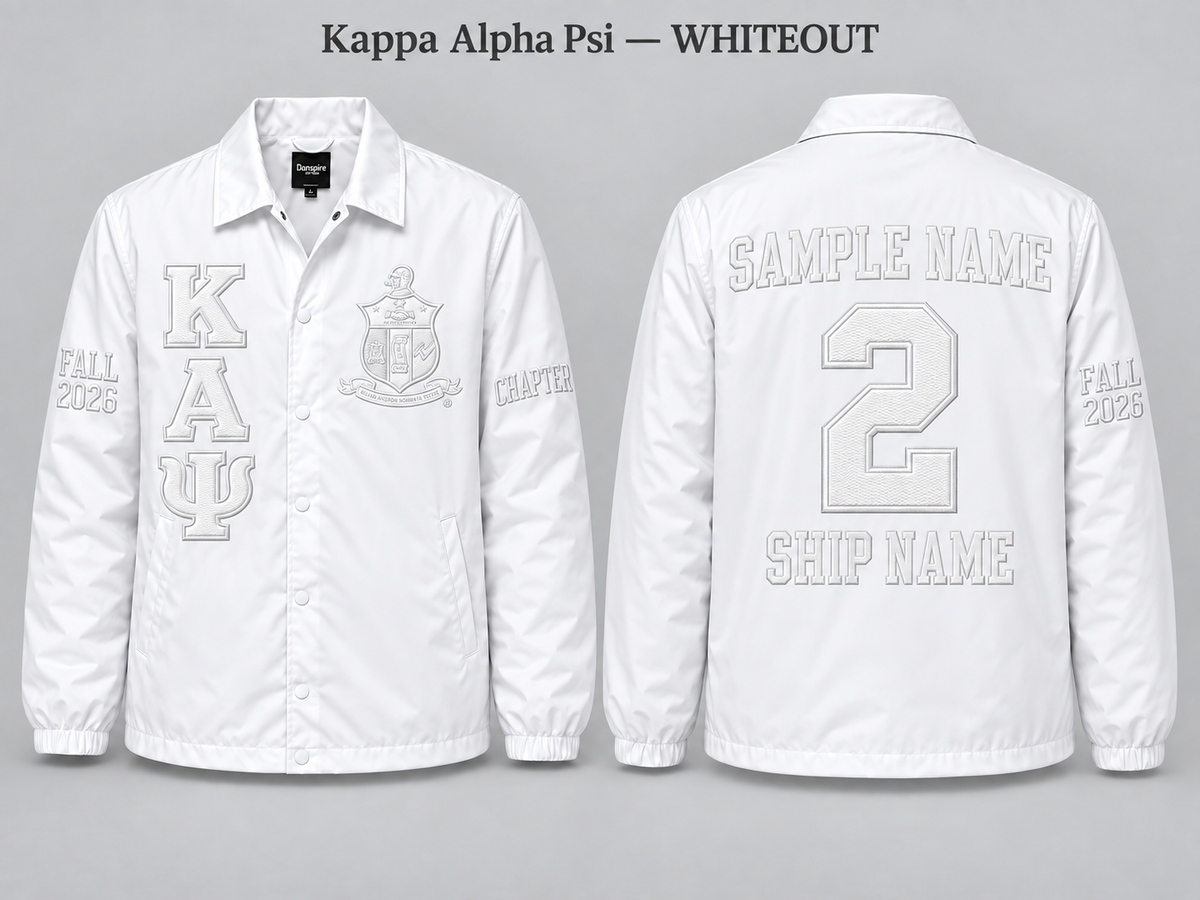 Kappa Alpha Psi Whiteout line jacket with sample front back and sleeve embroidery