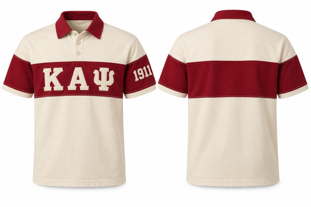 Kappa Alpha Psi cream and crimson sewn-panel rugby polo front and back