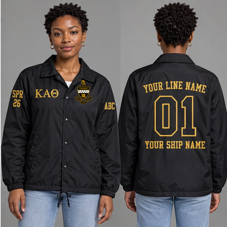 Kappa Alpha Theta Black and Gold personalized coach line jacket on an adult model, original supplied crest and ΚΑΘ letters, sample line name, line number 01, ship name, crossing year and chapter initials.