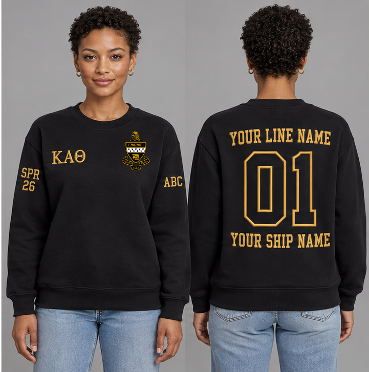 Kappa Alpha Theta Black crewneck sweatshirt on an adult model, Gold Greek letters ΚΑΘ, original supplied crest, sample line name, line number 01 and ship name, right sleeve SPR 26 and left sleeve ABC.