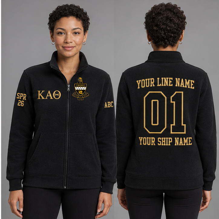 Kappa Alpha Theta Black and Gold personalized full-zip sweatshirt on an adult model, original supplied crest and ΚΑΘ letters, sample line name, line number01, ship name, crossing year and chapter initials.