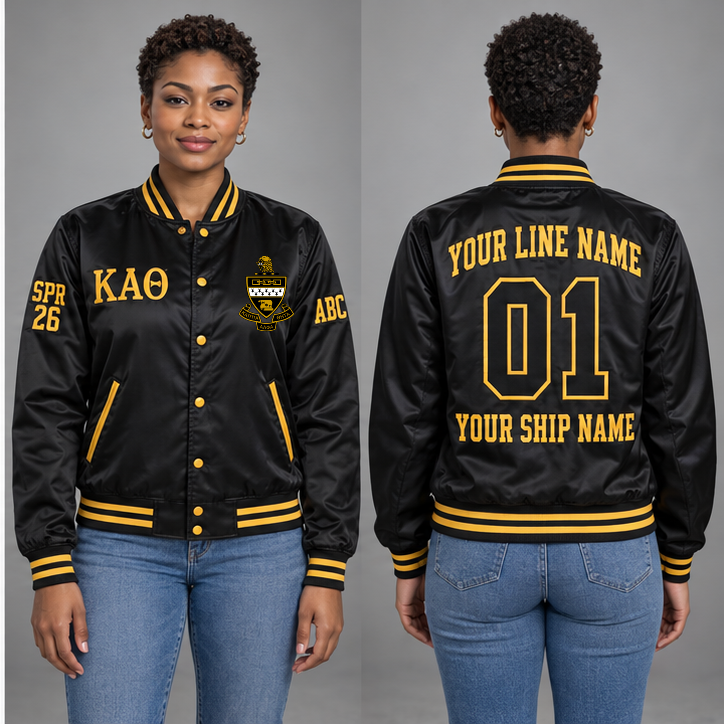 Kappa Alpha Theta Black and Gold personalized satin line jacket on an adult model, original supplied crest and ΚΑΘ letters, sample line name, line number 01, ship name, crossing year and chapter initials.
