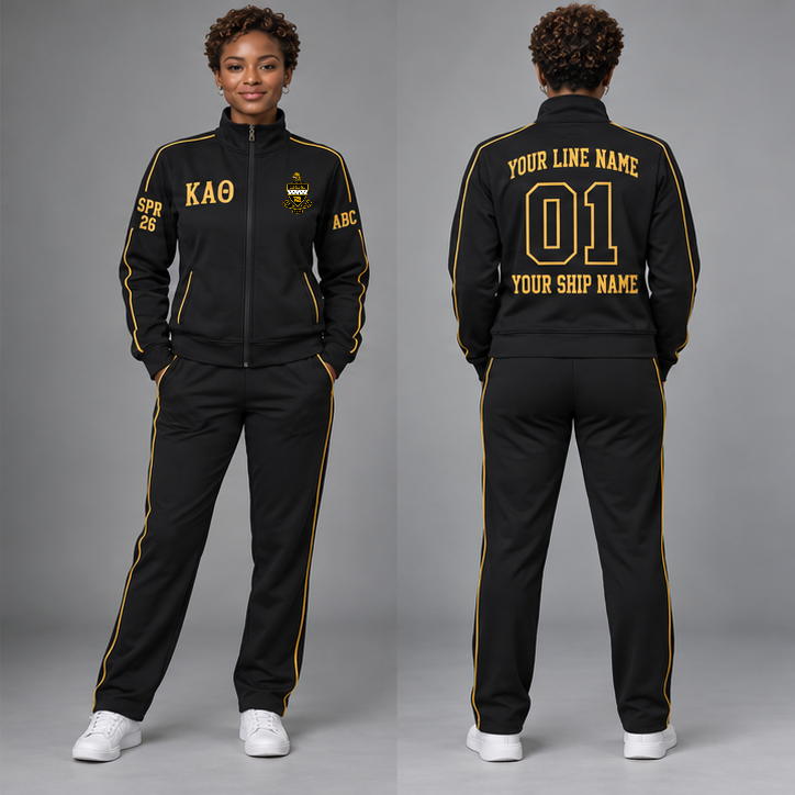 Kappa Alpha Theta Black and Gold personalized track suit on an adult model, original supplied crest and ΚΑΘ letters, sample line name, line number 01, ship name, crossing year and chapter initials.