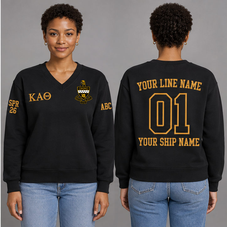 Kappa Alpha Theta Black V-neck sweatshirt on an adult model with Gold Greek letters ΚΑΘ, original supplied crest, sample line name, number 01 and ship name, crossing year and chapter initials on sleeves.
