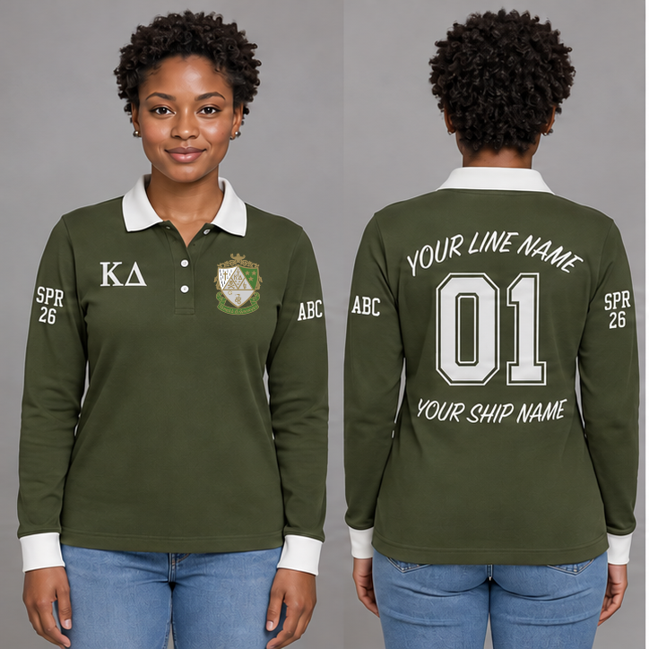 Kappa Delta Olive Green and Pearl White long sleeve chapter polo on an adult model, original supplied crest and ΚΔ letters, sample line name, number 01, ship name, crossing year and chapter initials.