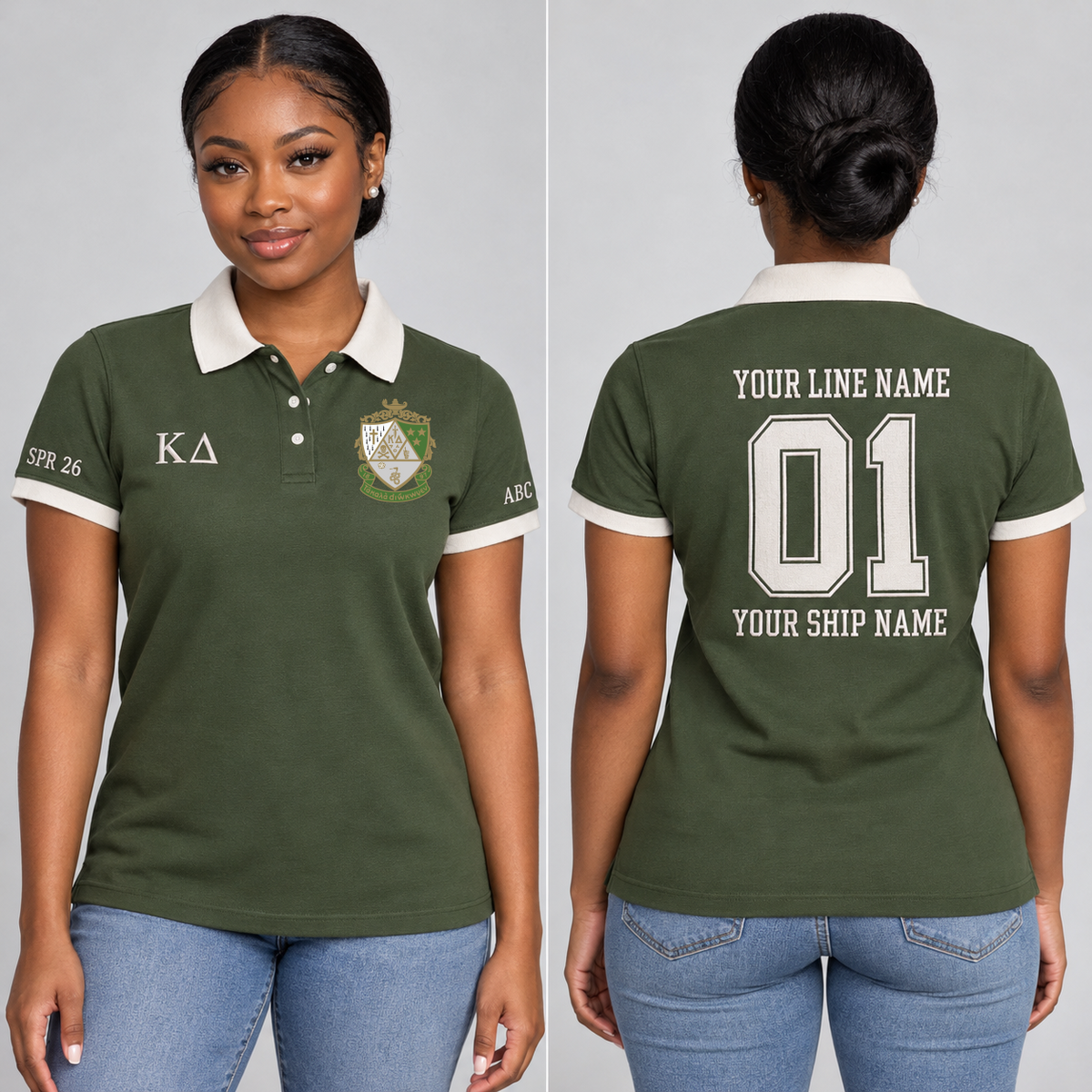Kappa Delta Olive Green and Pearl White personalized chapter polo on an adult model, supplied original crest and ΚΔ letters, sample line name, 01, ship name and sleeve text.