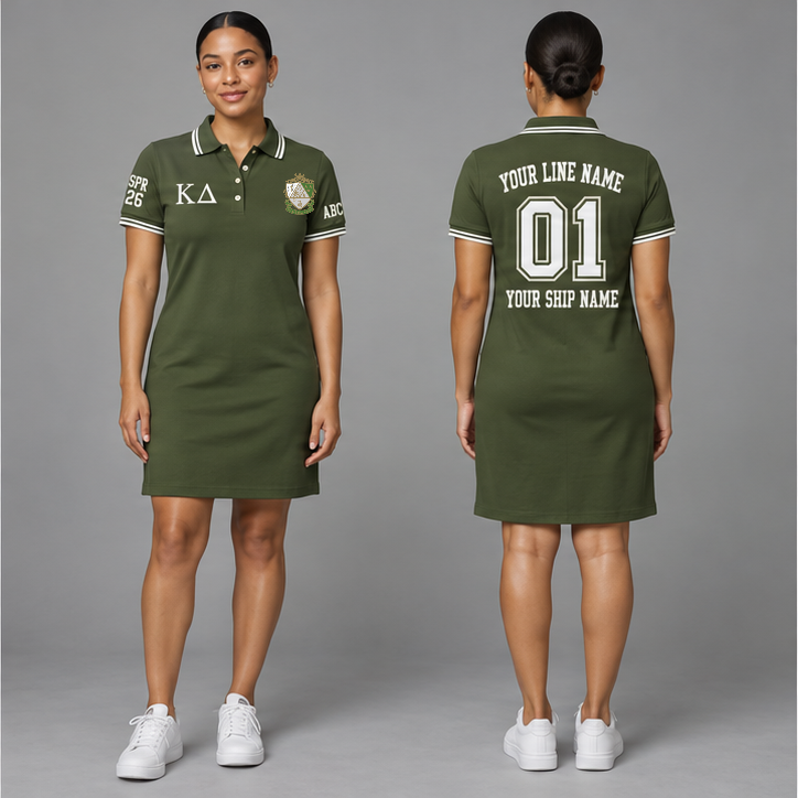 Kappa Delta Olive Green and Pearl White personalized polo dress on an adult model, original supplied crest and ΚΔ letters, sample line name, line number 01, ship name, crossing year and chapter initials.