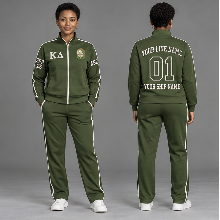 Kappa Delta Olive Green and Pearl White personalized track suit on an adult model, original supplied crest and ΚΔ letters, sample line name, line number 01, ship name, crossing year and chapter initials.