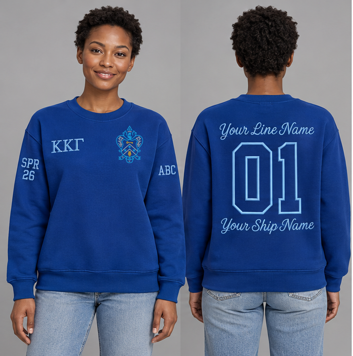 Kappa Kappa Gamma Kappa Blue crewneck sweatshirt on an adult model, Gamma Blue Greek letters ΚΚΓ, original supplied crest, sample line name, line number 01 and ship name, right sleeve SPR 26 and left sleeve ABC.