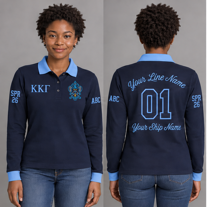 Kappa Kappa Gamma Kappa Blue and Gamma Blue long sleeve chapter polo on an adult model, original supplied crest and ΚΚΓ letters, sample line name, number 01, ship name, crossing year and chapter initials.