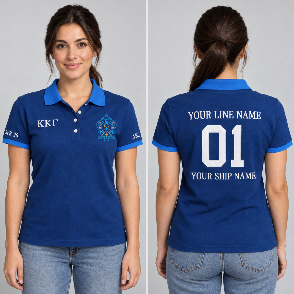 Kappa Kappa Gamma Kappa Blue and Gamma Blue personalized chapter polo on an adult model, supplied original crest and ΚΚΓ letters, sample line name, 01, ship name and sleeve text.